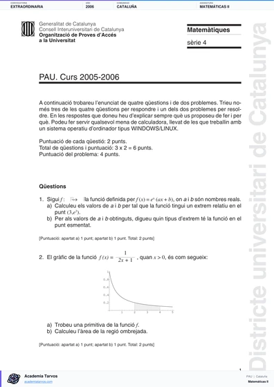 Vista previa de Examen PAU de Matemáticas II de Cataluña 2006 – Extraordinaria