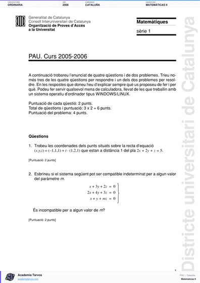 Vista previa de Examen PAU de Matemáticas II de Cataluña 2006 – Ordinaria