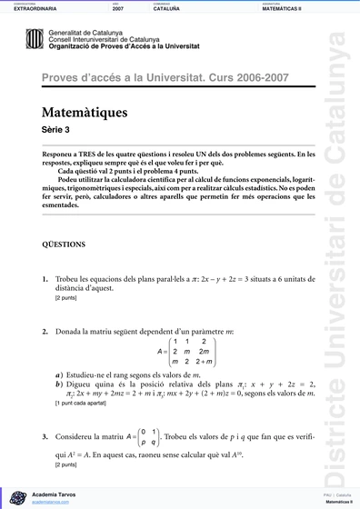 Vista previa de Examen PAU de Matemáticas II de Cataluña 2007 – Extraordinaria