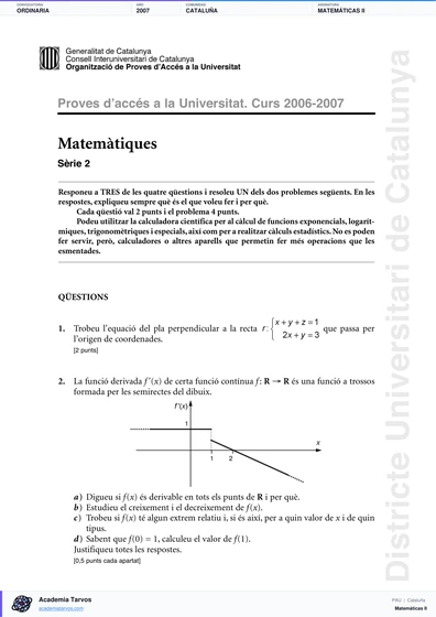 Vista previa de Examen PAU de Matemáticas II de Cataluña 2007 – Ordinaria