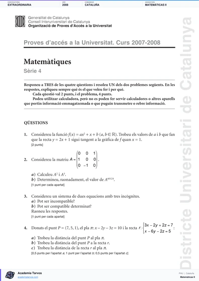 Vista previa de Examen PAU de Matemáticas II de Cataluña 2008 – Extraordinaria