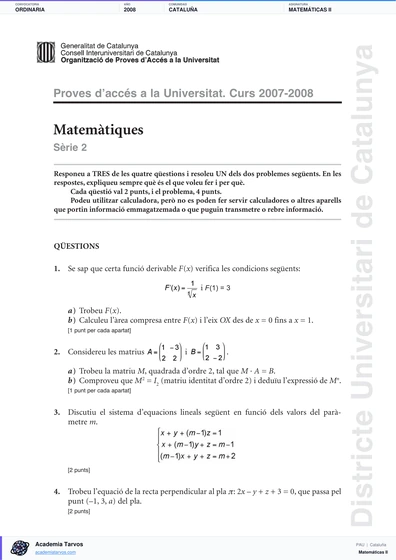 Vista previa de Examen PAU de Matemáticas II de Cataluña 2008 – Ordinaria