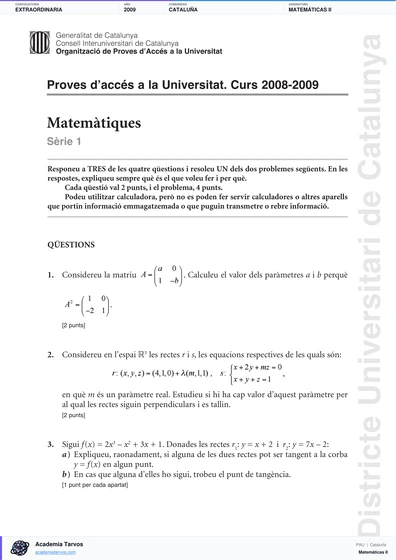 Vista previa de Examen PAU de Matemáticas II de Cataluña 2009 – Extraordinaria