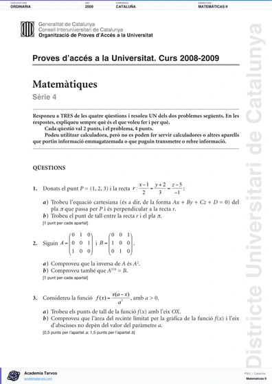 Vista previa de Examen PAU de Matemáticas II de Cataluña 2009 – Ordinaria
