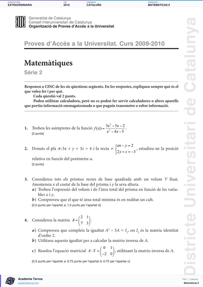 Vista previa de Examen PAU de Matemáticas II de Cataluña 2010 – Extraordinaria