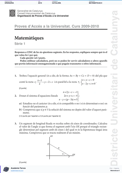 Vista previa de Examen PAU de Matemáticas II de Cataluña 2010 – Ordinaria
