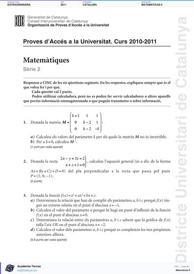 Vista previa de Examen PAU de Matemáticas II de Cataluña 2011 – Extraordinaria