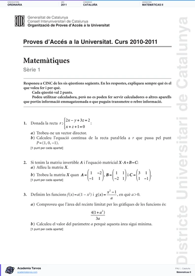 Vista previa de Examen PAU de Matemáticas II de Cataluña 2011 – Ordinaria