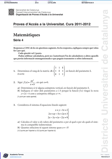 Vista previa de Examen PAU de Matemáticas II de Cataluña 2012 – Extraordinaria