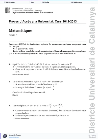 Vista previa de Examen PAU de Matemáticas II de Cataluña 2013 – Extraordinaria