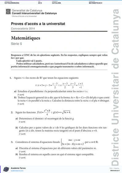 Vista previa de Examen PAU de Matemáticas II de Cataluña 2014 – Extraordinaria