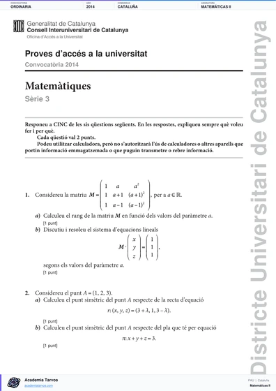 Vista previa de Examen PAU de Matemáticas II de Cataluña 2014 – Ordinaria