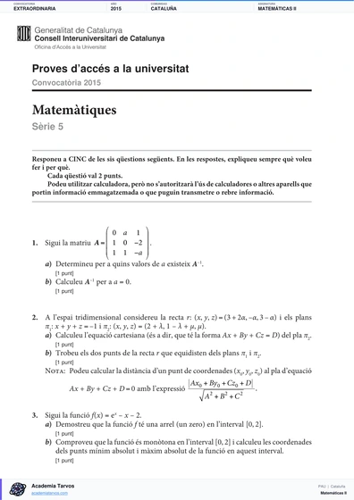 Vista previa de Examen PAU de Matemáticas II de Cataluña 2015 – Extraordinaria
