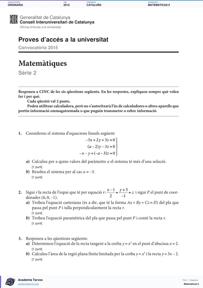 Vista previa de Examen PAU de Matemáticas II de Cataluña 2015 – Ordinaria