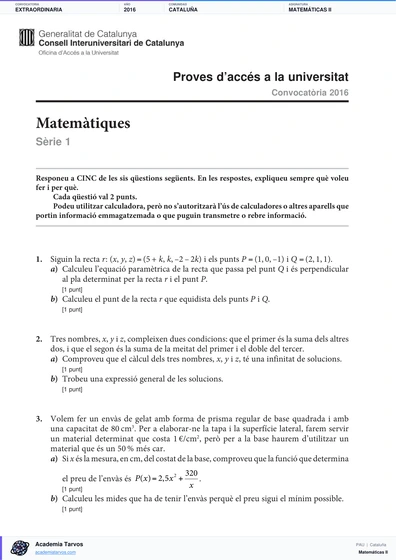 Vista previa de Examen PAU de Matemáticas II de Cataluña 2016 – Extraordinaria