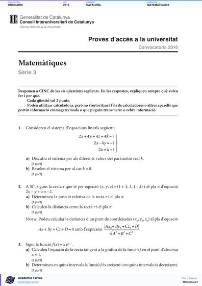 Vista previa de Examen PAU de Matemáticas II de Cataluña 2016 – Ordinaria