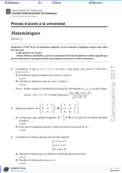Vista previa de Examen PAU de Matemáticas II de Cataluña 2017 – Extraordinaria