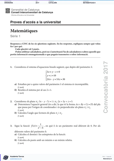 Vista previa de Examen PAU de Matemáticas II de Cataluña 2017 – Ordinaria