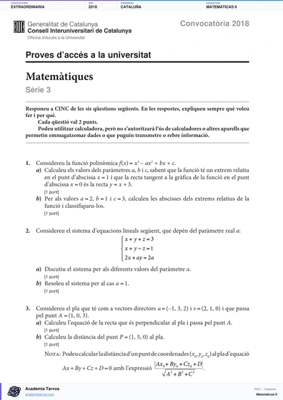 Vista previa de Examen PAU de Matemáticas II de Cataluña 2018 – Extraordinaria