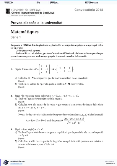 Vista previa de Examen PAU de Matemáticas II de Cataluña 2018 – Ordinaria