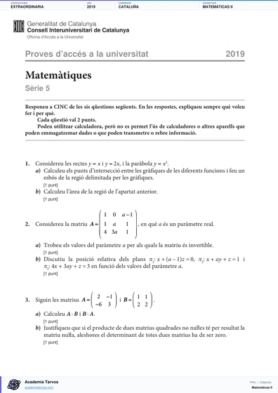 Vista previa de Examen PAU de Matemáticas II de Cataluña 2019 – Extraordinaria