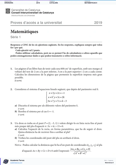 Vista previa de Examen PAU de Matemáticas II de Cataluña 2019 – Ordinaria