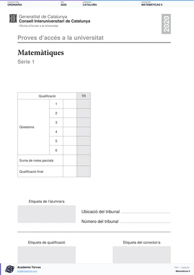 Vista previa de Examen PAU de Matemáticas II de Cataluña 2020 – Ordinaria