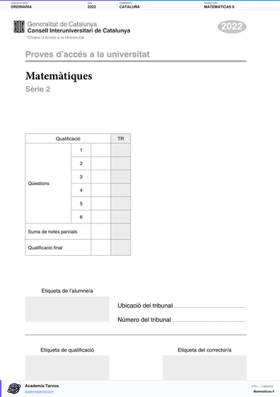 Vista previa de Examen PAU de Matemáticas II de Cataluña 2022 – Ordinaria