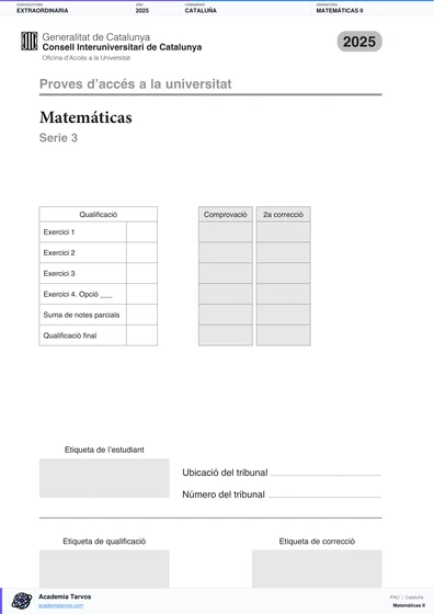 Vista previa de Examen PAU de Matemáticas II de Cataluña 2025 – Extraordinaria