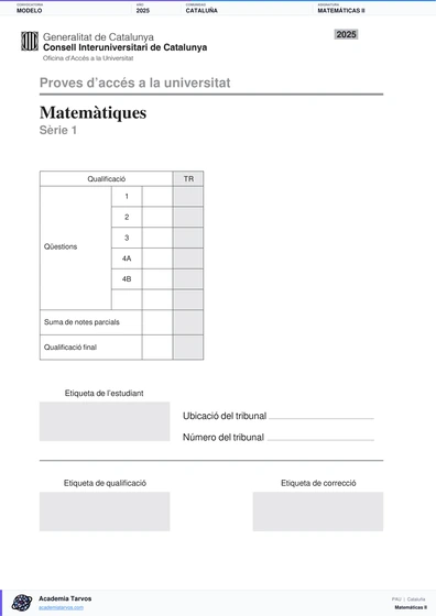 Vista previa de Modelo PAU de Matemáticas II de Cataluña 2025