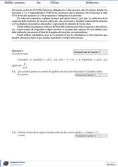 Vista previa de Examen PAU de Matemáticas II de Cataluña 2026 – Ordinaria   Incidencias