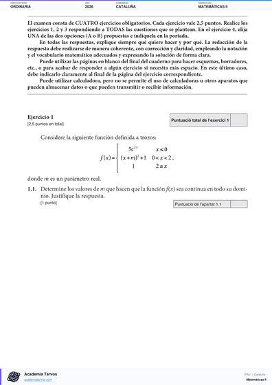 Vista previa de Examen PAU de Matemáticas II de Cataluña 2026 – Ordinaria