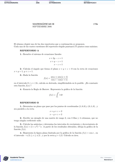 Vista previa de Examen PAU de Matemáticas II de Extremadura 2006 – Extraordinaria