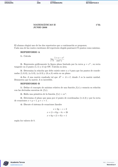 Vista previa de Examen PAU de Matemáticas II de Extremadura 2006 – Ordinaria