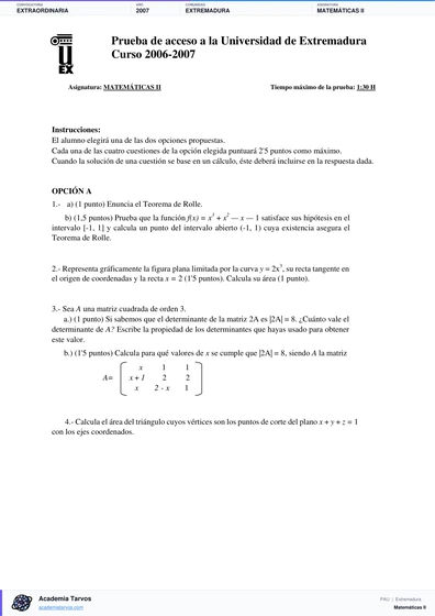 Vista previa de Examen PAU de Matemáticas II de Extremadura 2007 – Extraordinaria
