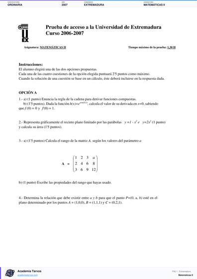 Vista previa de Examen PAU de Matemáticas II de Extremadura 2007 – Ordinaria