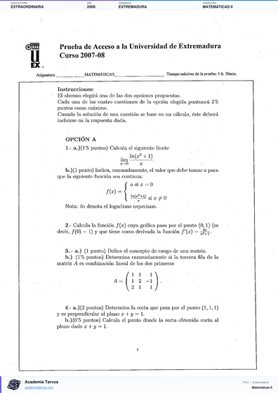 Vista previa de Examen PAU de Matemáticas II de Extremadura 2008 – Extraordinaria