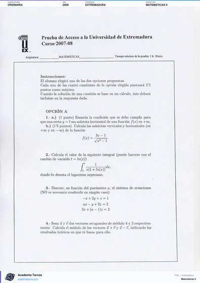 Vista previa de Examen PAU de Matemáticas II de Extremadura 2008 – Ordinaria