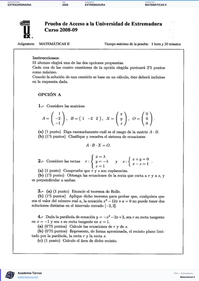 Vista previa de Examen PAU de Matemáticas II de Extremadura 2009 – Extraordinaria