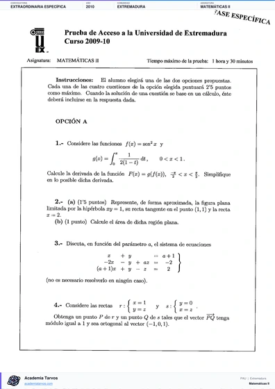 Vista previa de Examen PAU de Matemáticas II de Extremadura 2010 – Extraordinaria Específica