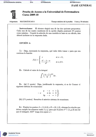 Vista previa de Examen PAU de Matemáticas II de Extremadura 2010 – Extraordinaria General