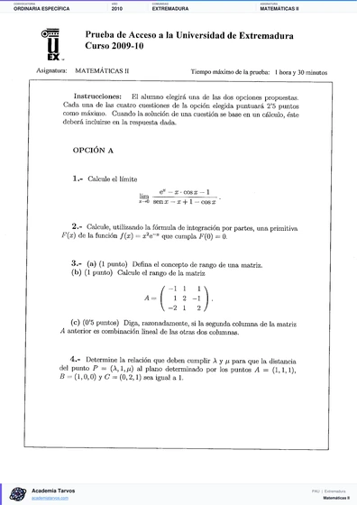 Vista previa de Examen PAU de Matemáticas II de Extremadura 2010 – Ordinaria Específica