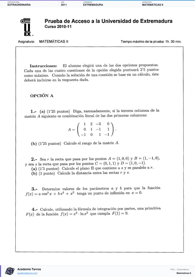 Vista previa de Examen PAU de Matemáticas II de Extremadura 2011 – Extraordinaria