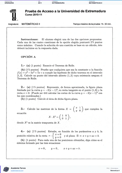 Vista previa de Examen PAU de Matemáticas II de Extremadura 2011 – Ordinaria