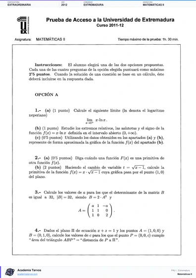 Vista previa de Examen PAU de Matemáticas II de Extremadura 2012 – Extraordinaria