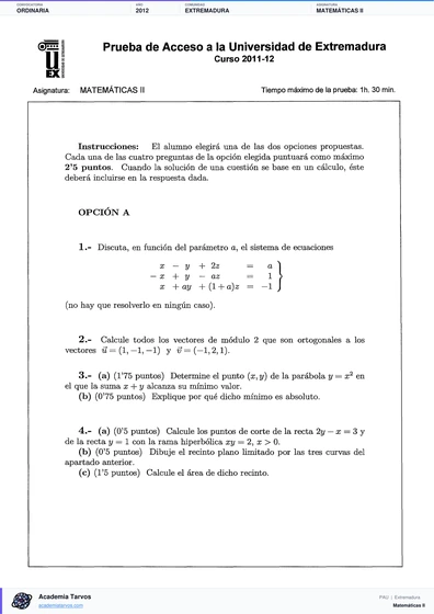Vista previa de Examen PAU de Matemáticas II de Extremadura 2012 – Ordinaria