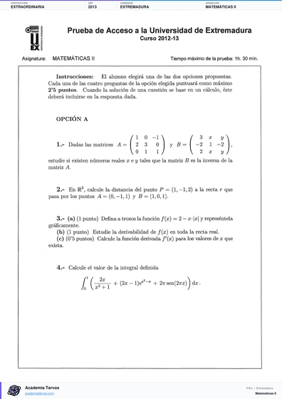 Vista previa de Examen PAU de Matemáticas II de Extremadura 2013 – Extraordinaria