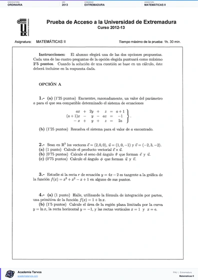 Vista previa de Examen PAU de Matemáticas II de Extremadura 2013 – Ordinaria