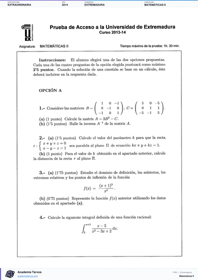 Vista previa de Examen PAU de Matemáticas II de Extremadura 2014 – Extraordinaria