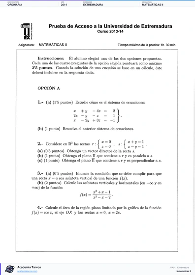 Vista previa de Examen PAU de Matemáticas II de Extremadura 2014 – Ordinaria